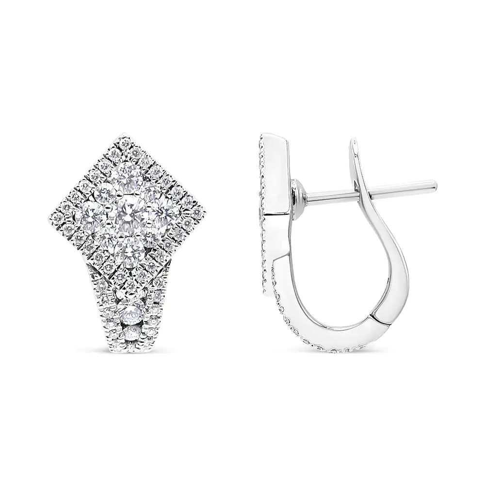 18K White Gold 1 1/10 Cttw Round Diamond Cluster with Halo Hoop Huggie Earring (F-G Color, VS1-VS2 Clarity)