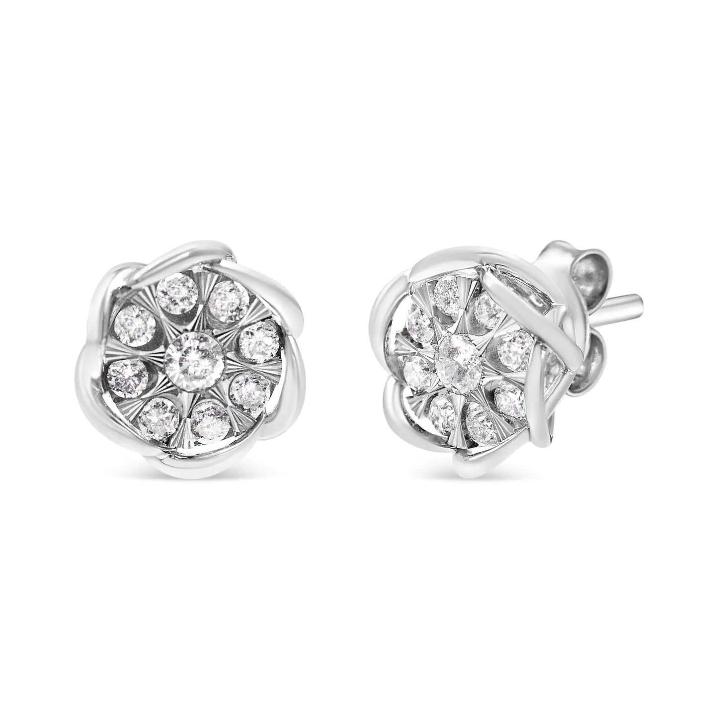 10K White Gold 1/2 Cttw Diamond Floral Cluster Swirl Stud Earrings (H-I Color, I1-I2 Clarity)