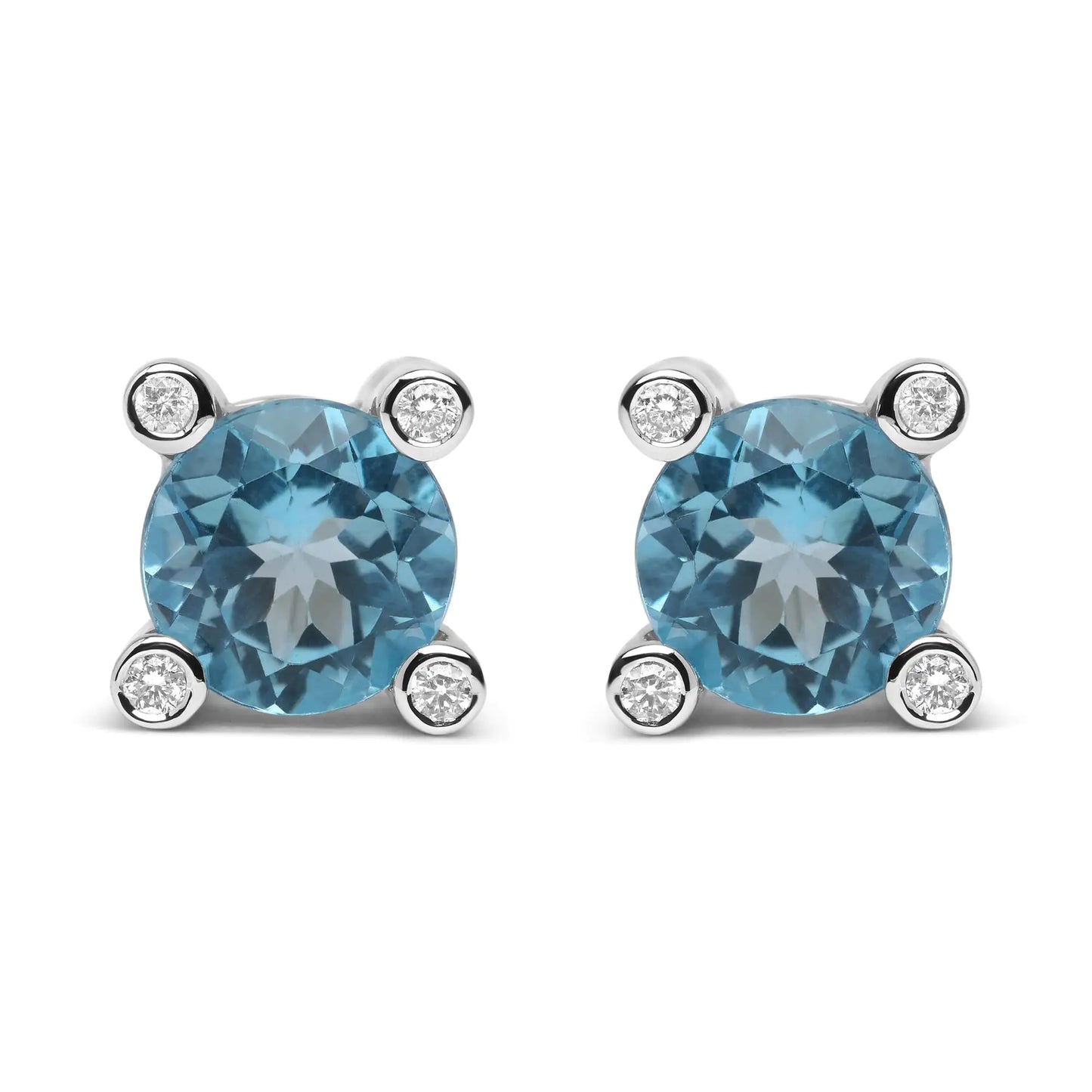 18K White Gold 1/10 Cttw Round Bezel Diamond and 10x10mm Round Sky Blue Topaz Gemstone Stud Earrings (G-H Color, I1-I2 Clarity)