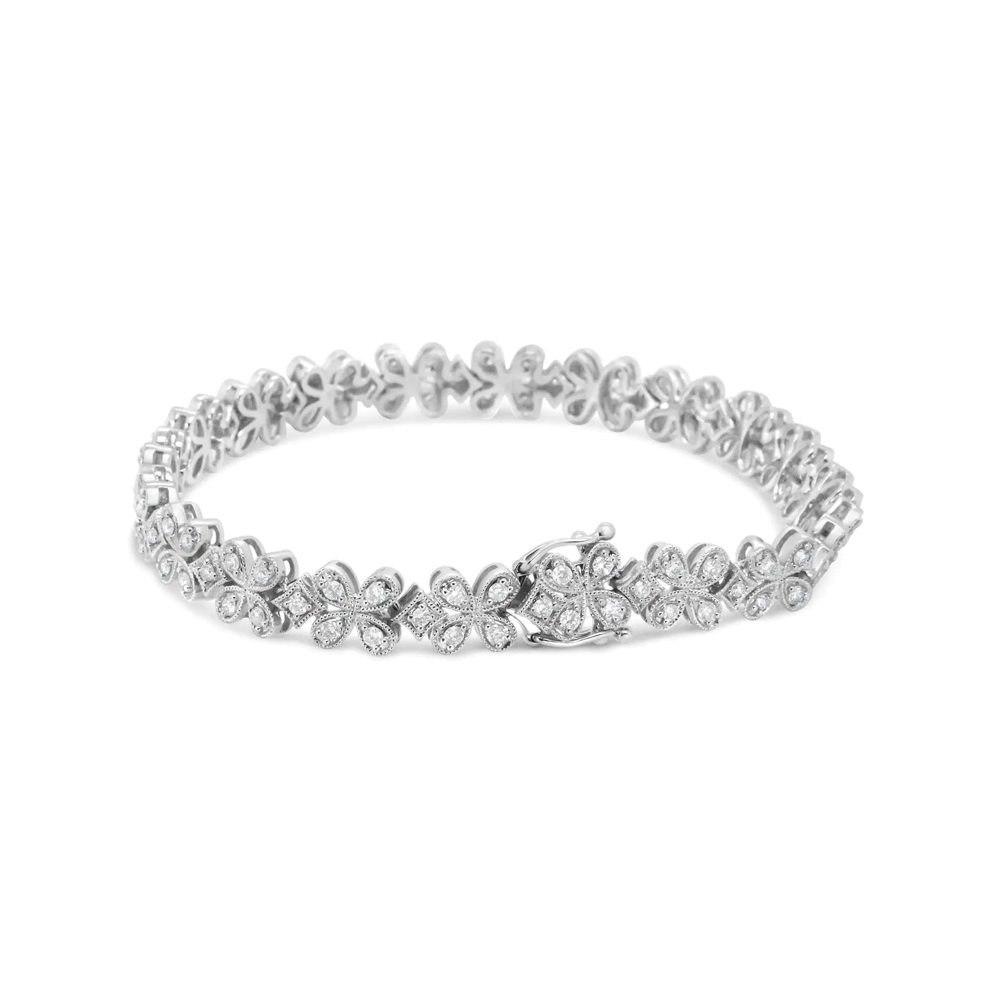 14K White Gold 1 1/2 Cttw Round Diamond Floral Clover-Shaped Link Bracelet (H-I Color, SI1-SI2 Clarity) - Size 7"