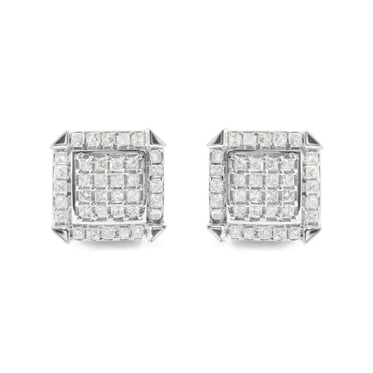 10K White Gold 1 1/10 Cttw Princess Diamond Composite and Halo Stud Earrings (I-J Color, I1-I2 Clarity)