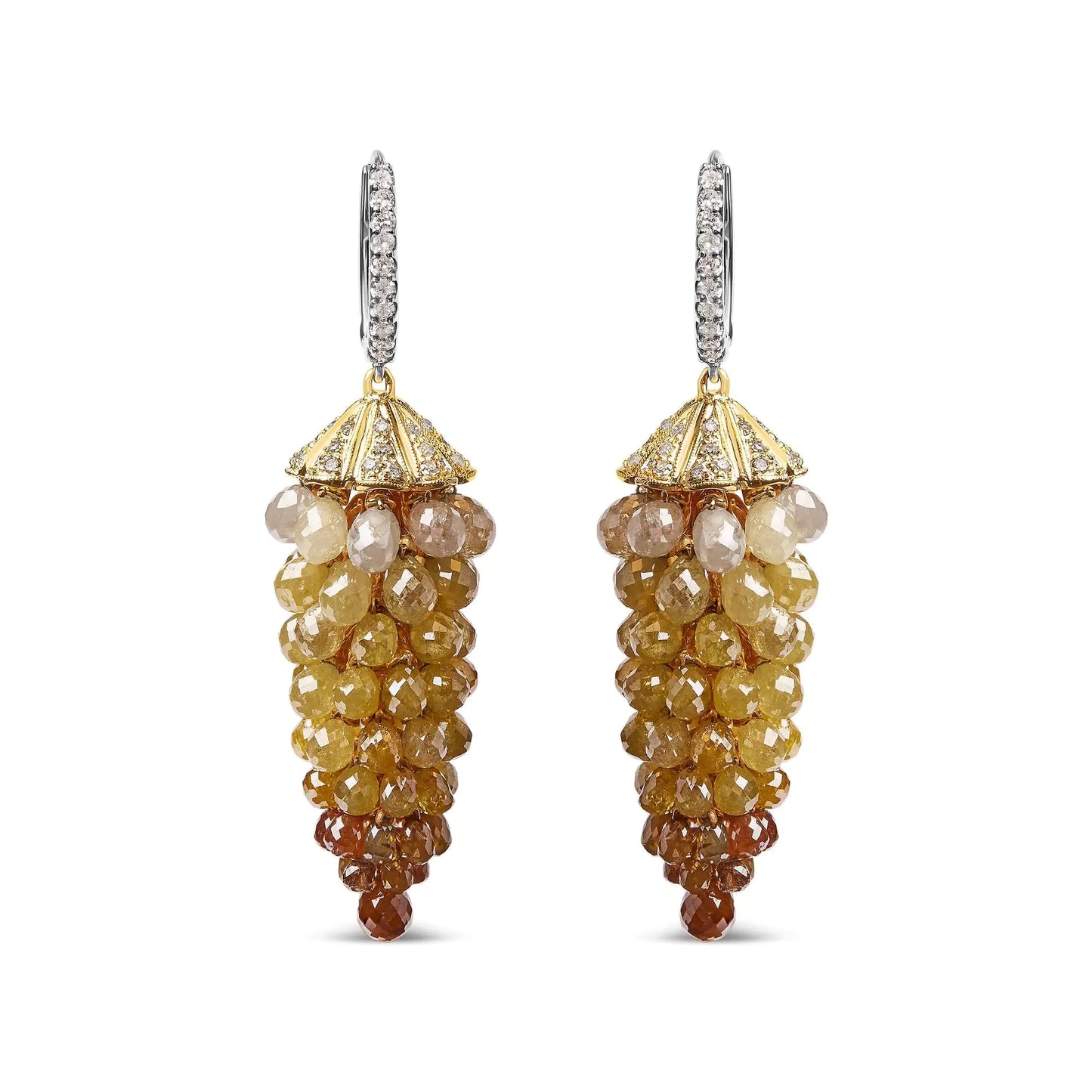 14K White and Yellow Gold 38.0 Cttw Mixed Fancy Color Rose Cut Diamond Honeycomb Drop and Dangle Earring (H-I Color, I3 Clarity)