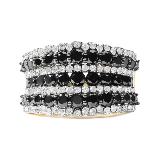 14K Yellow Gold Plated .925 Sterling Silver 1 3/4 Cttw Treated Black and White Alternating Diamond Multi Row Band Ring (Black / I-J Color, I2-I3 Clarity)