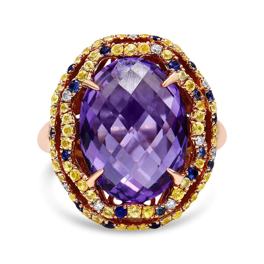 18K Yellow and Rose Gold Claw Prong Set Checkerboard Cut Purple Amethyst, Blue & Yellow Sapphire, Diamond Accent Cocktail Ring Band (F-G Color, VS1-VS2 Clarity)